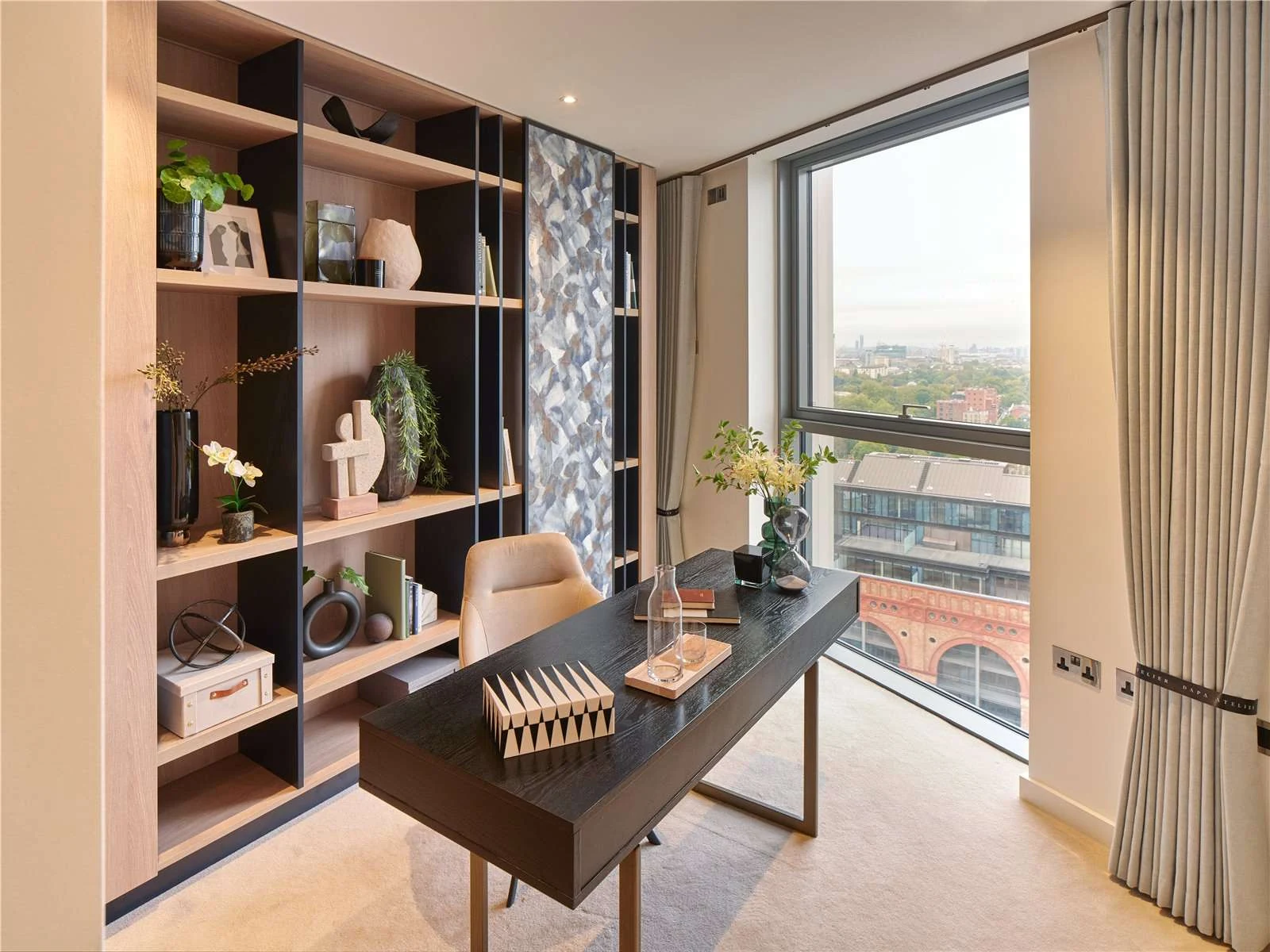Chelsea Waterfront Sw10 Home Study Fourth Bedroom Oak Open Shelving Black Desk Power Station Arch View