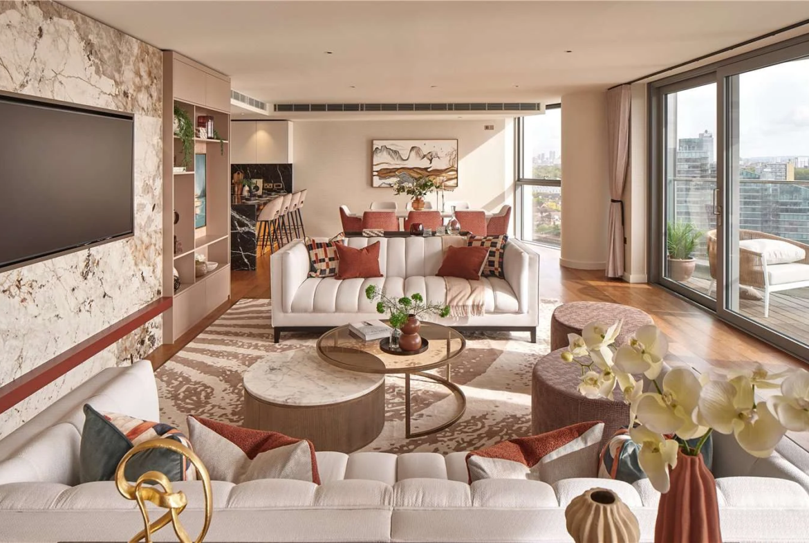 Chelsea Waterfront Sw10 Reception Room Travertine Stone Tv Wall Terracotta Sofa Brass Coffee Tables Balcony