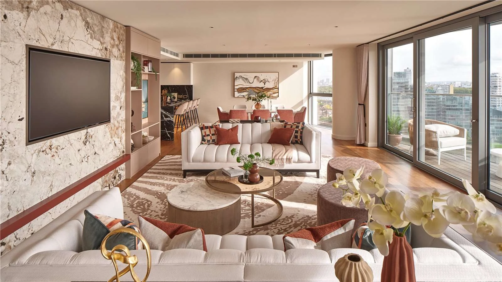 Chelsea Waterfront Sw10 Reception Room Travertine Stone Tv Wall Terracotta Sofa Brass Coffee Tables Balcony