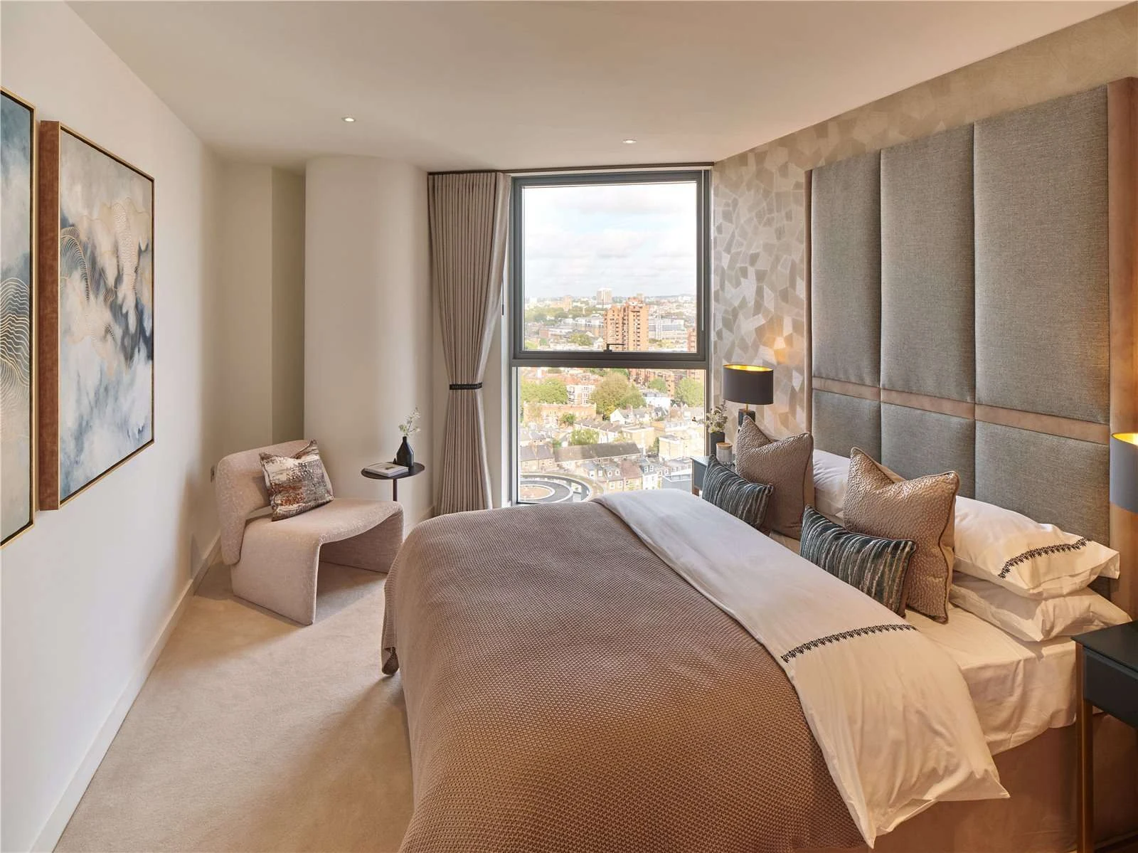 Chelsea Waterfront Sw10 Second Bedroom Grey Geometric Headboard Terracotta Cushions Chelsea Rooftop Views