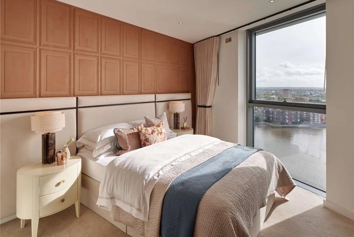 Chelsea Waterfront Sw10 Third Bedroom Terracotta Panelled Wall Cream Headboard Thames Direct Window View