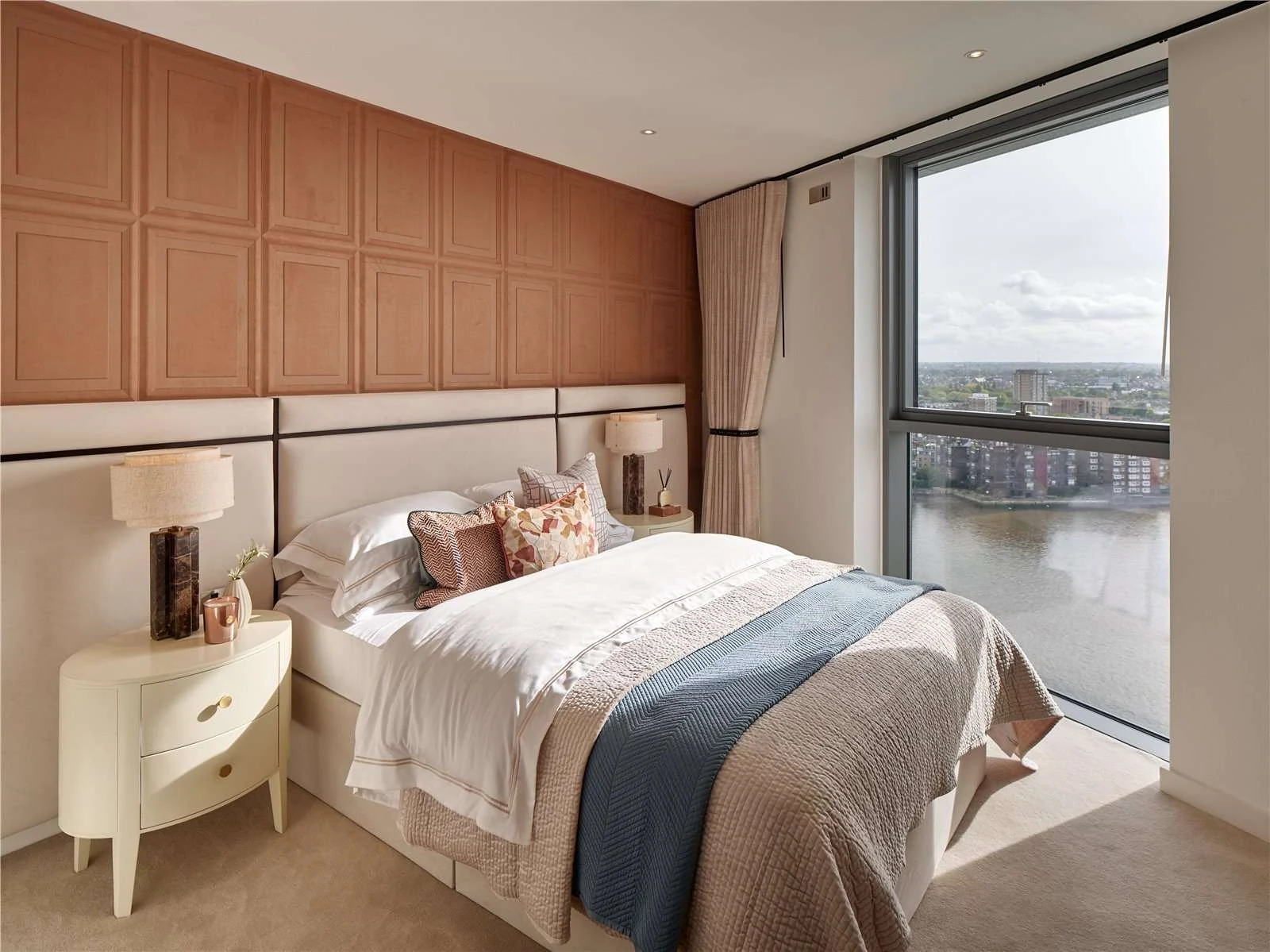 Chelsea Waterfront Sw10 Third Bedroom Terracotta Panelled Wall Cream Headboard Thames Direct Window View