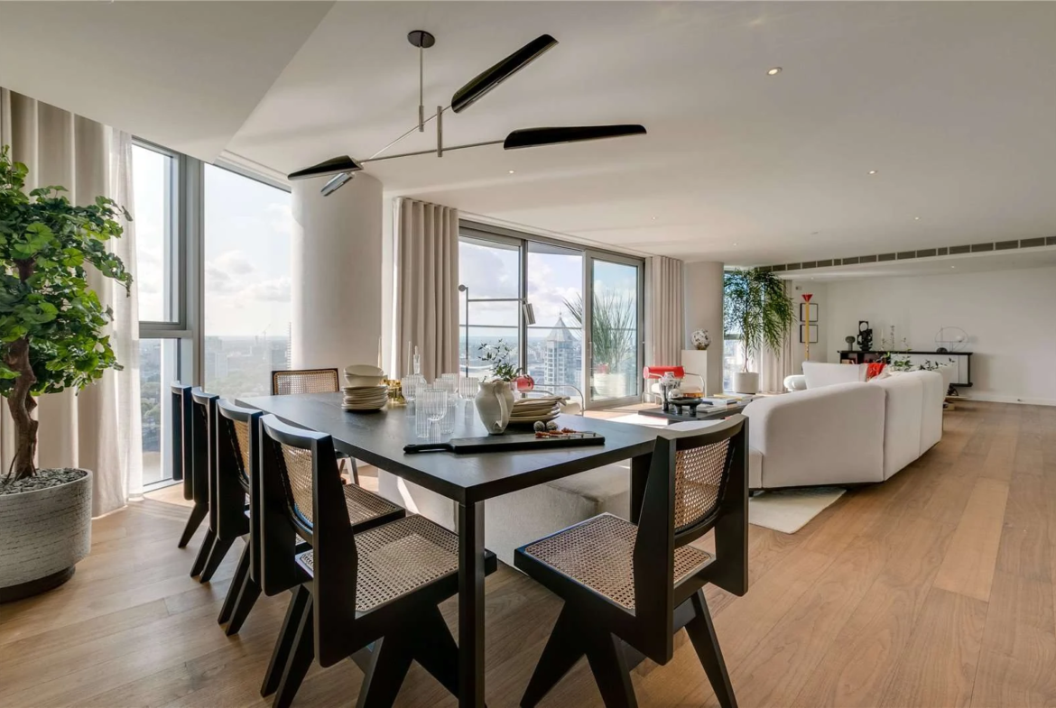 Chelsea Waterfront Tower West Sw10 Dining Area Black Table Rattan Jeanneret Chairs Bonsai Tree Thames View