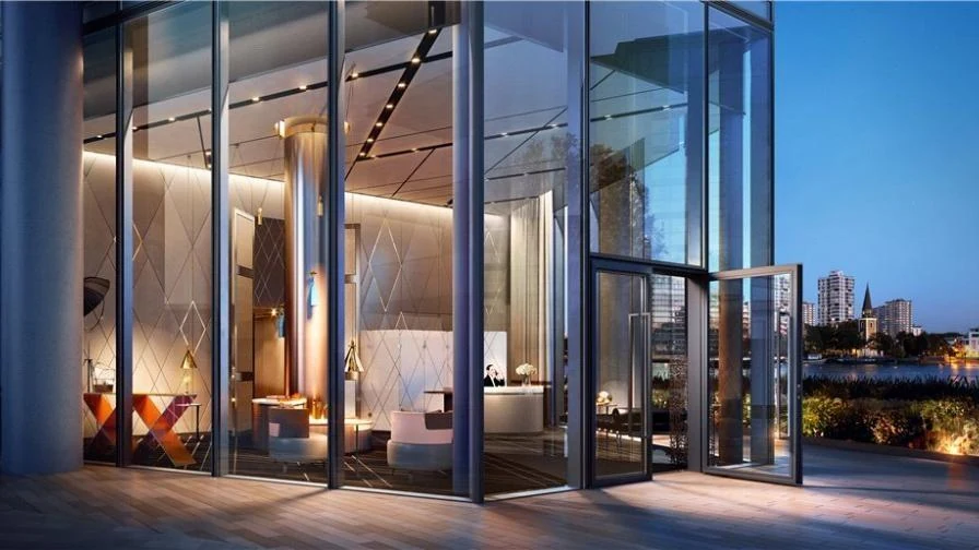 Chelsea Waterfront Tower West Sw10 Five Star Lobby Entrance Night Glass Facade Concierge Brass Cgi