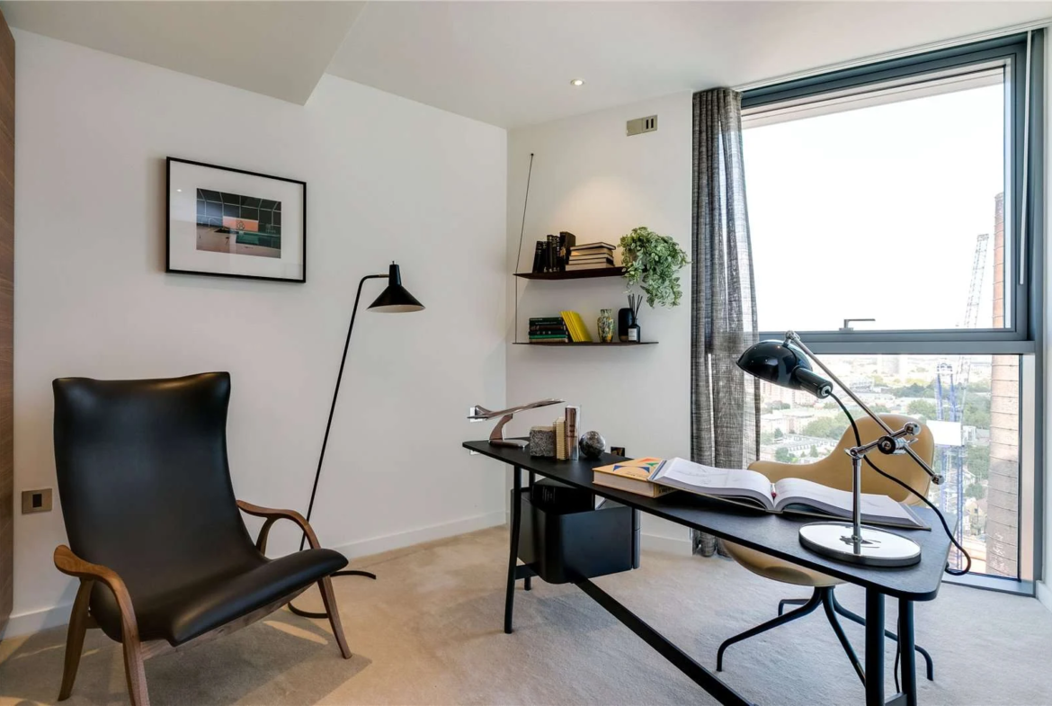 Chelsea Waterfront Tower West Sw10 Home Study Fourth Bedroom Black Desk Leather Wingback Power Station View