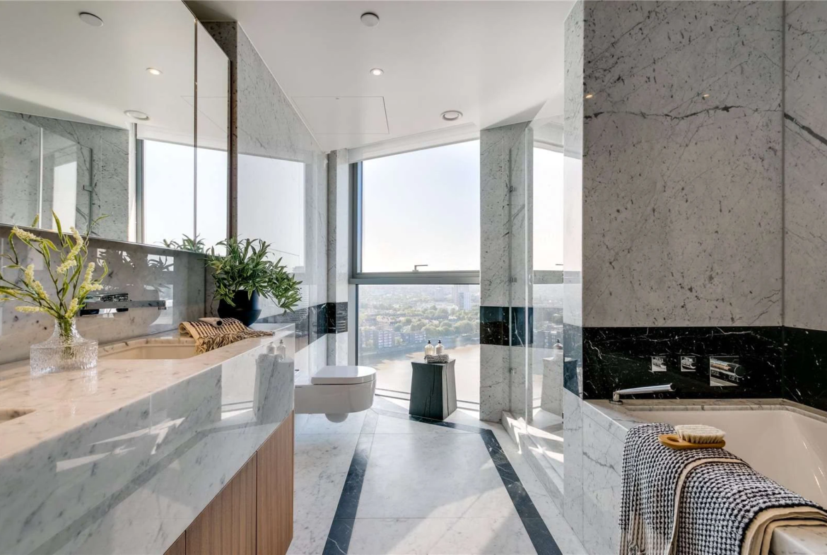 Chelsea Waterfront Tower West Sw10 Master Bathroom Carrara Marble Walls Black Band Bath Wall Hung Wc Thames View