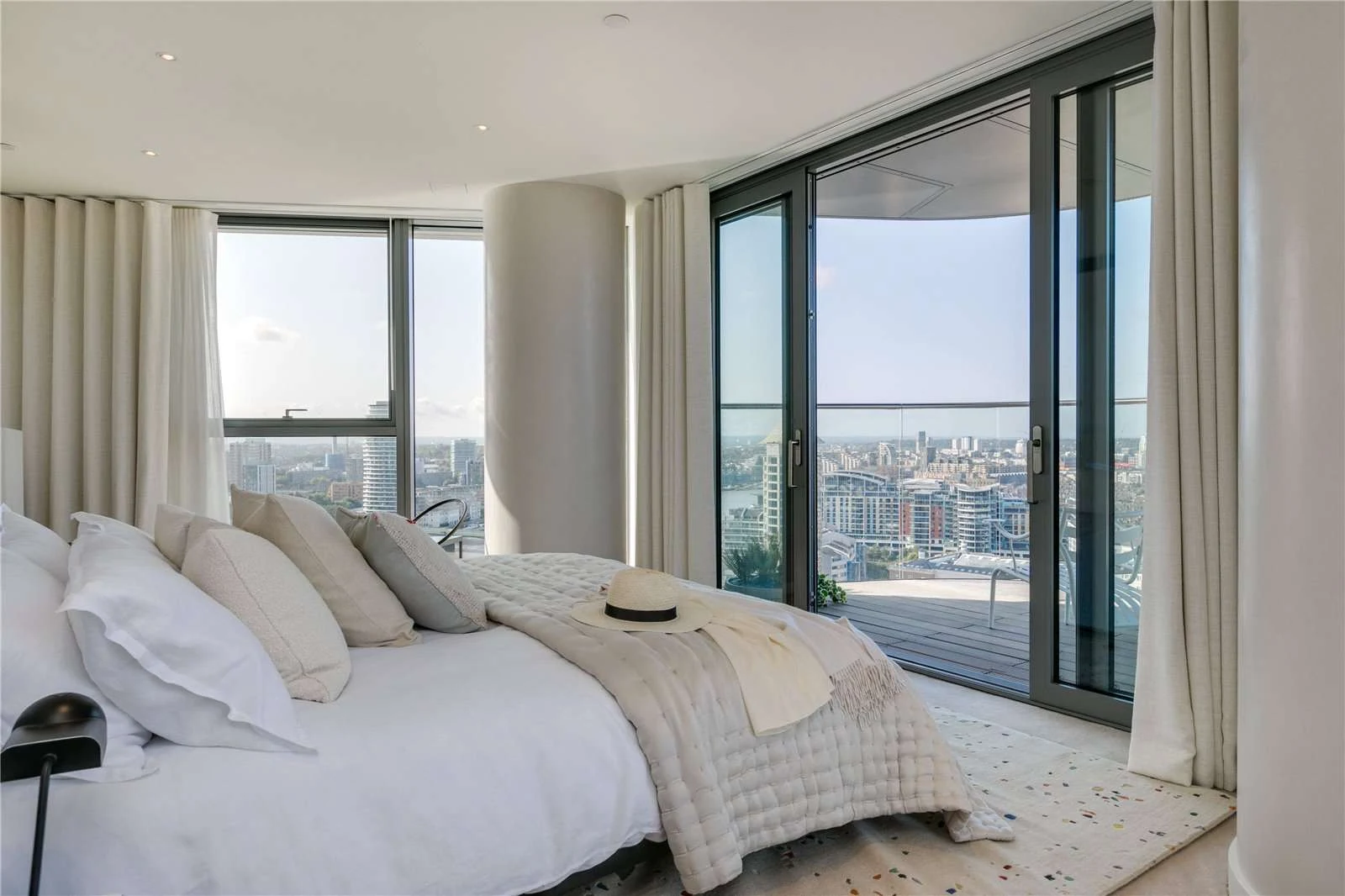 Chelsea Waterfront Tower West Sw10 Principal Bedroom Curved Glazing Balcony Door White Linen Terrazzo Rug