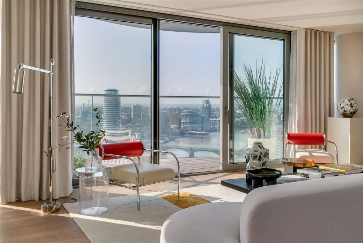 Chelsea Waterfront Tower West Sw10 Reception Room Red Chrome Armchairs Floor To Ceiling Windows Thames Views