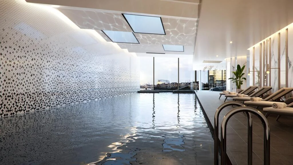 Chelsea Waterfront Tower West Sw10 Residents Health Club Indoor Pool Mosaic Tiles Skylights Cgi