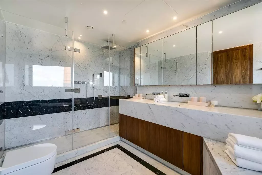 Chelsea Waterfront Tower West Sw10 Show Apartment Bathroom Carrara Marble Walk In Shower Walnut Vanity