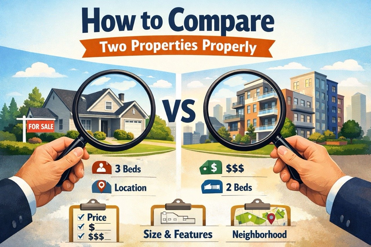 How to compare two properties properly, house vs apartment comparison illustration with price, location and features