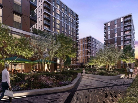 Eden Grove London modern apartments with landscaped gardens, courtyard spaces and residents enjoying outdoor areas