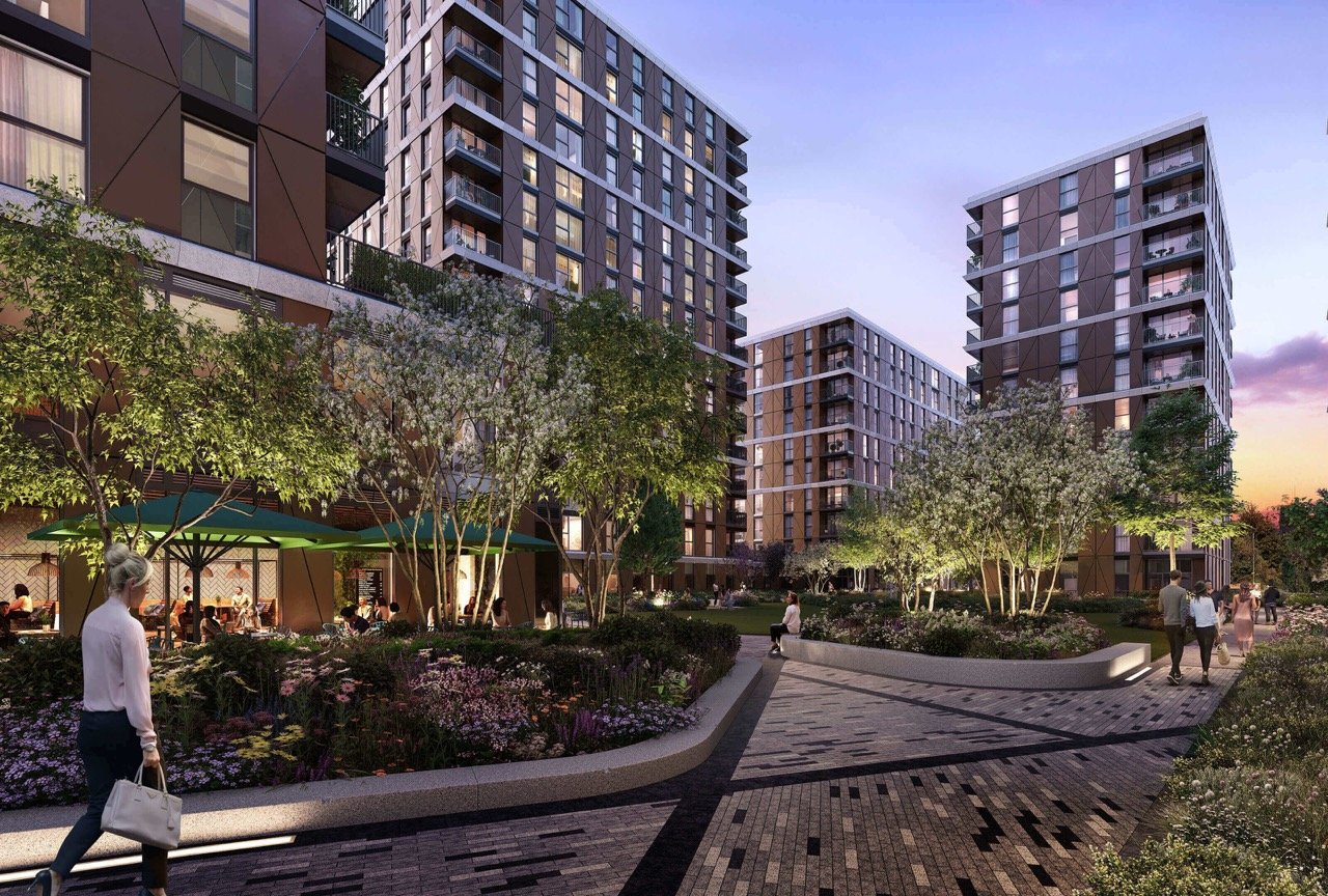 Eden Grove London modern apartments with landscaped gardens, courtyard spaces and residents enjoying outdoor areas