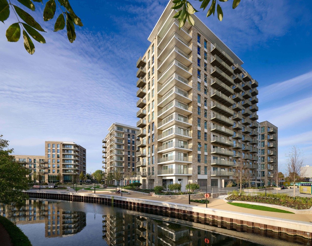 Grand Union London waterfront apartments with modern buildings, canal views and landscaped surroundings