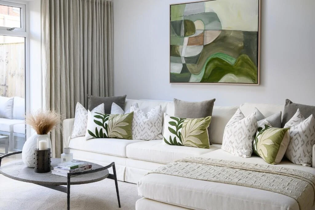 Hareshill Fleet Living Room Sofa Green Cushions Interior