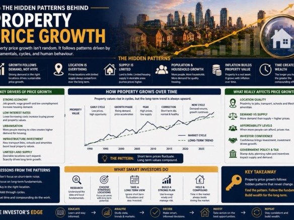 Hidden patterns behind property price growth showing real estate trends, data analysis and long term market movements