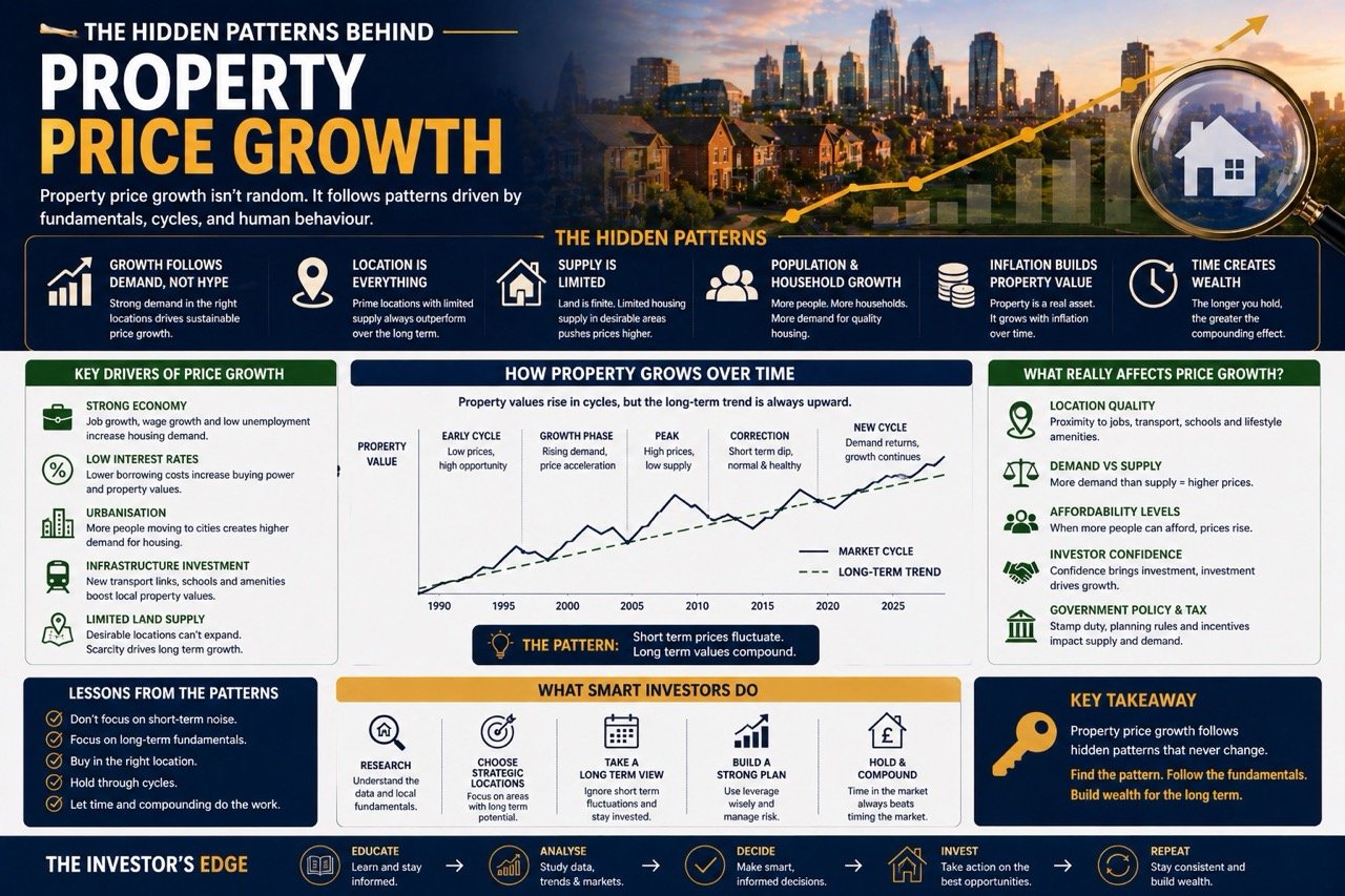 Hidden patterns behind property price growth showing real estate trends, data analysis and long term market movements