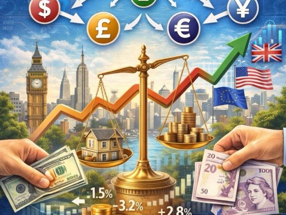 How currency exchange affects property investment with global currencies, real estate and financial growth charts