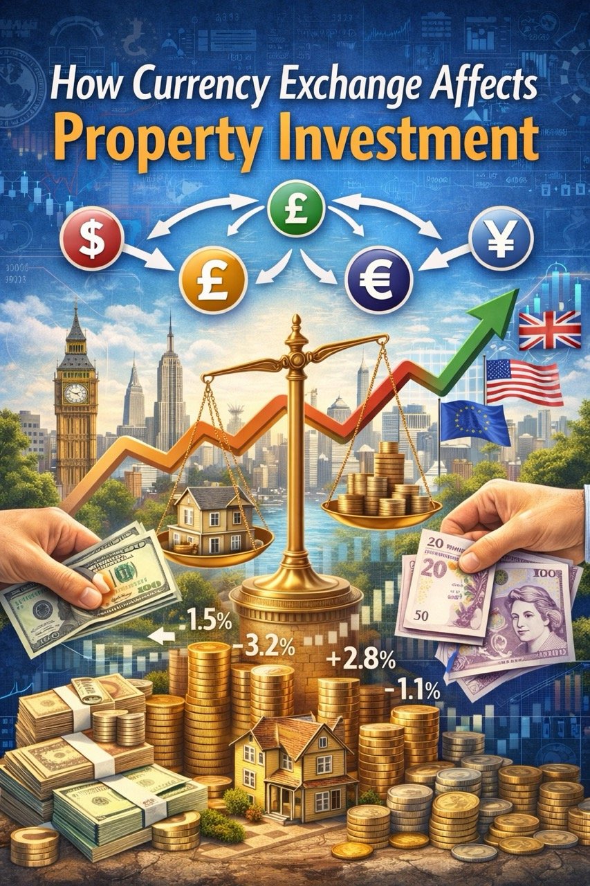 How currency exchange affects property investment with global currencies, real estate and financial growth charts