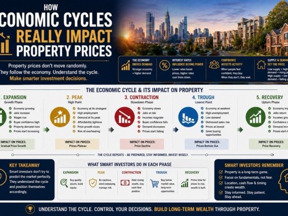 How economic cycles impact property prices showing expansion peak contraction trough and recovery phases in real estate market