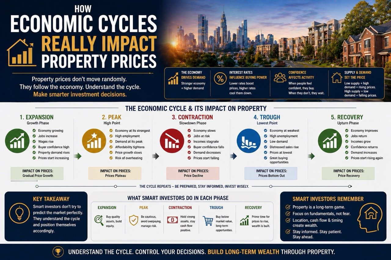 How economic cycles impact property prices showing expansion peak contraction trough and recovery phases in real estate market