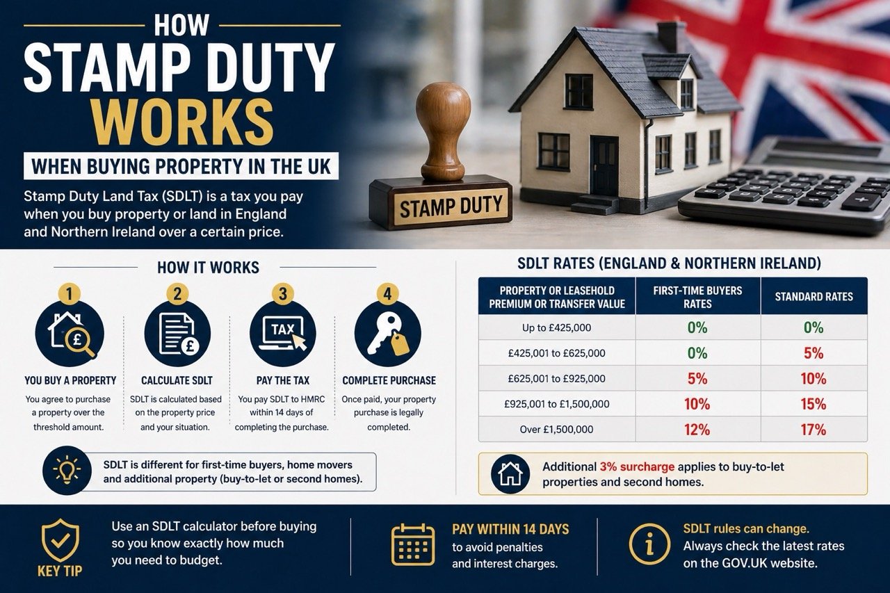 How stamp duty works when buying property in the UK showing SDLT rates, calculator and home purchase process