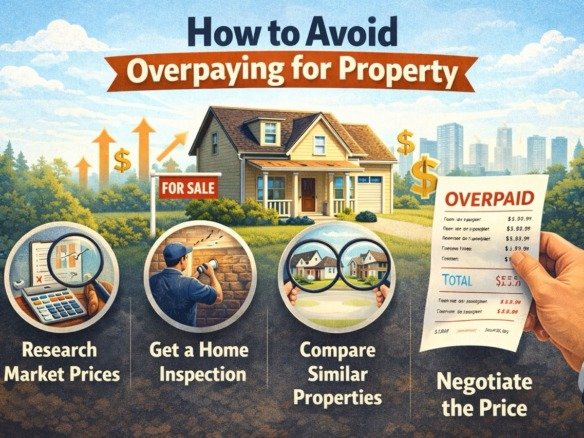 how to avoid overpaying for property illustration showing market research home inspection property comparison and price negotiation