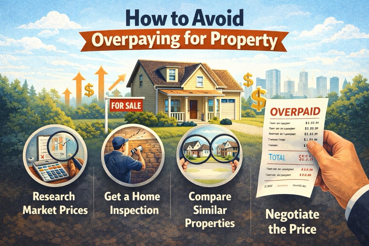 how to avoid overpaying for property illustration showing market research home inspection property comparison and price negotiation