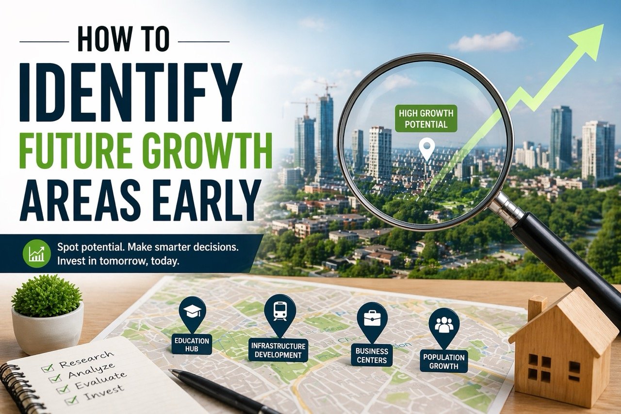 How to identify future growth areas early with city map, magnifying glass and rising graph for property investment strategy
