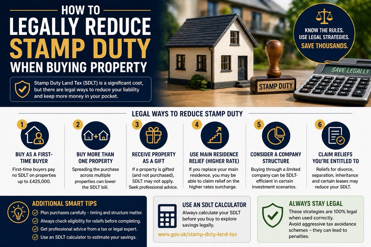 How to legally reduce stamp duty when buying property in the UK showing SDLT savings strategies and tax relief options