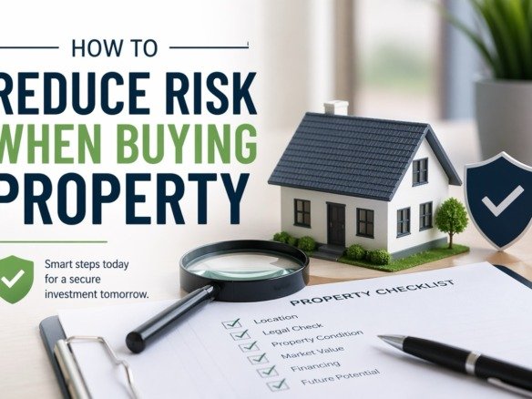 How to reduce risk when buying property with checklist, house model and magnifying glass for safe real estate investment