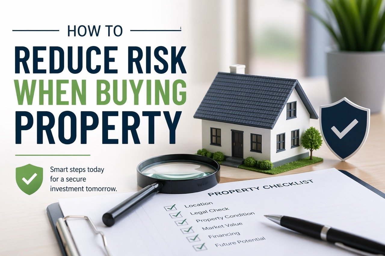 How to reduce risk when buying property with checklist, house model and magnifying glass for safe real estate investment