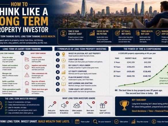 How to think like a long term property investor showing mindset, compounding growth, patience and real estate investment strategy