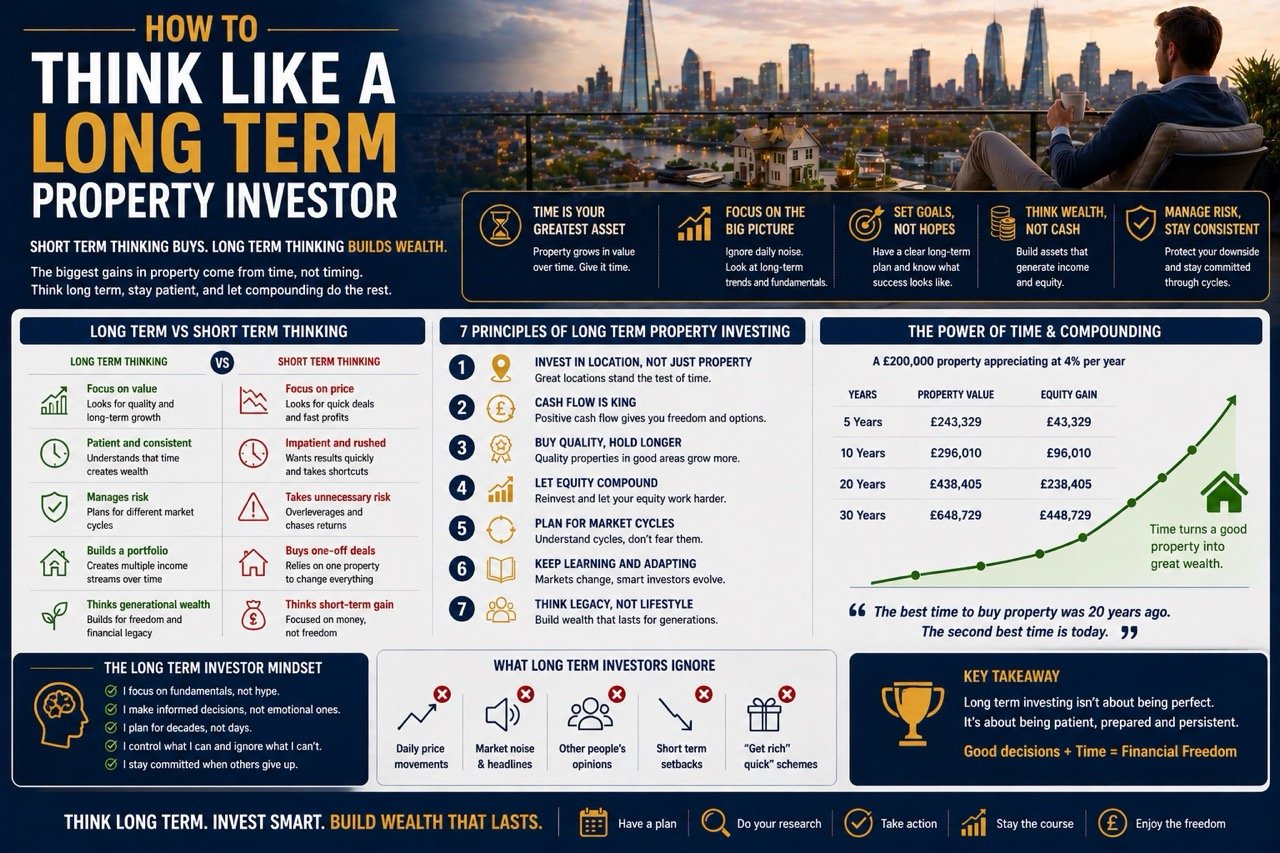 How to think like a long term property investor showing mindset, compounding growth, patience and real estate investment strategy