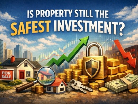 Is property still the safest investment in London showing house, rising market graph and financial assets