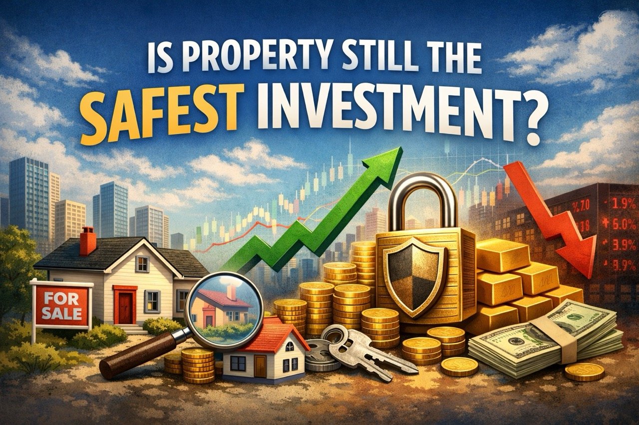 Is property still the safest investment in London showing house, rising market graph and financial assets
