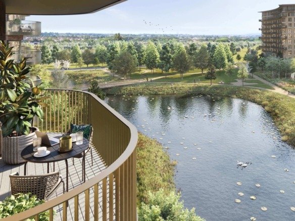 Kidbrooke Village London lakeside apartments with balcony view overlooking park, water and green open spaces