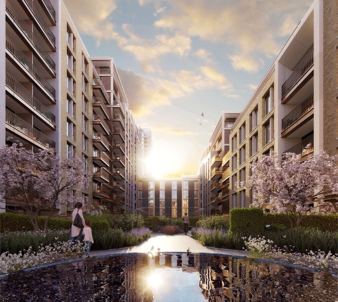 Kings Road Park London luxury apartments with landscaped gardens, modern buildings and courtyard views