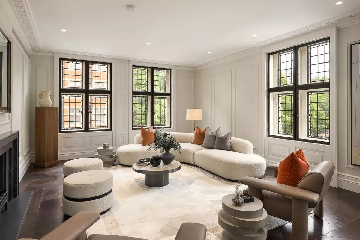Knightsbridge Gate Apartment 2 Living Room Leaded Windows Fireplace