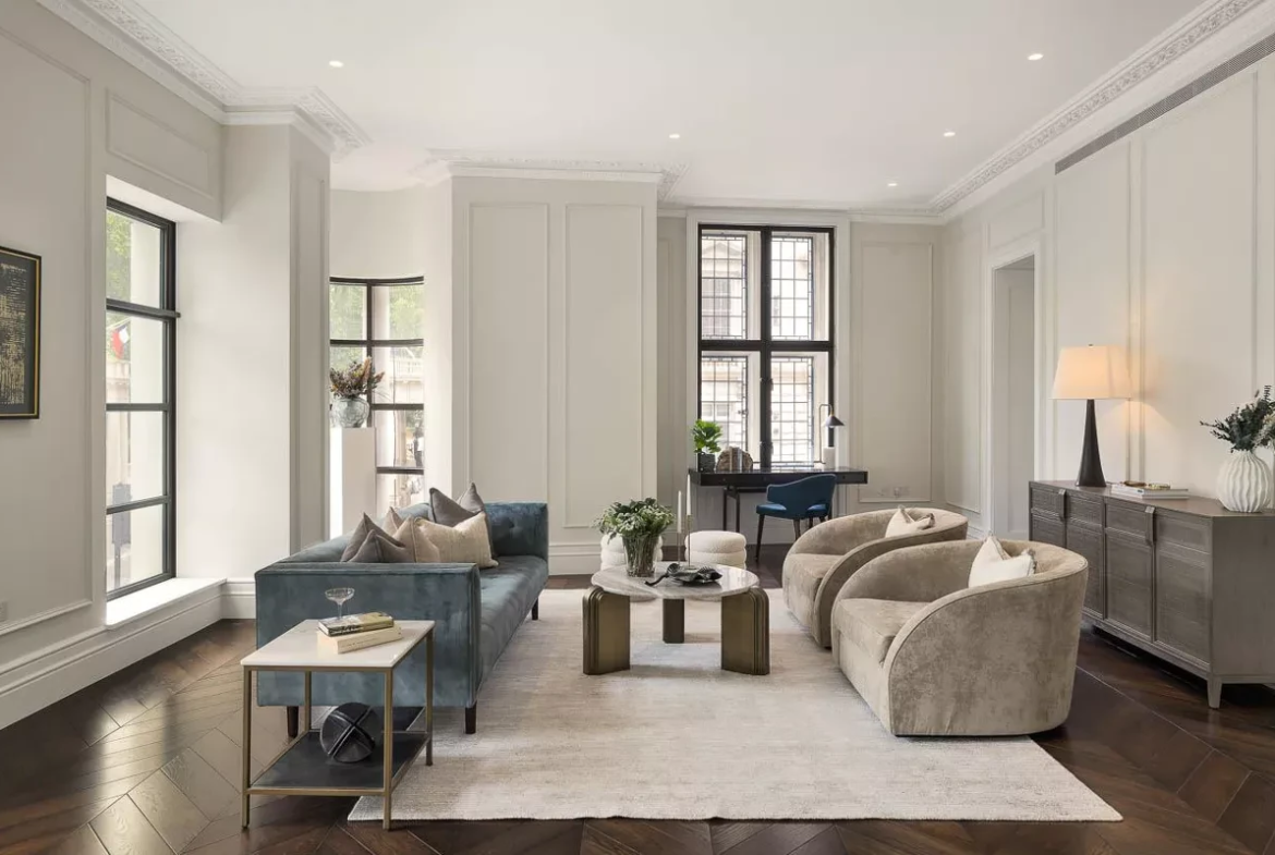 Knightsbridge Gate London Reception Room High Ceilings Herringbone Floor