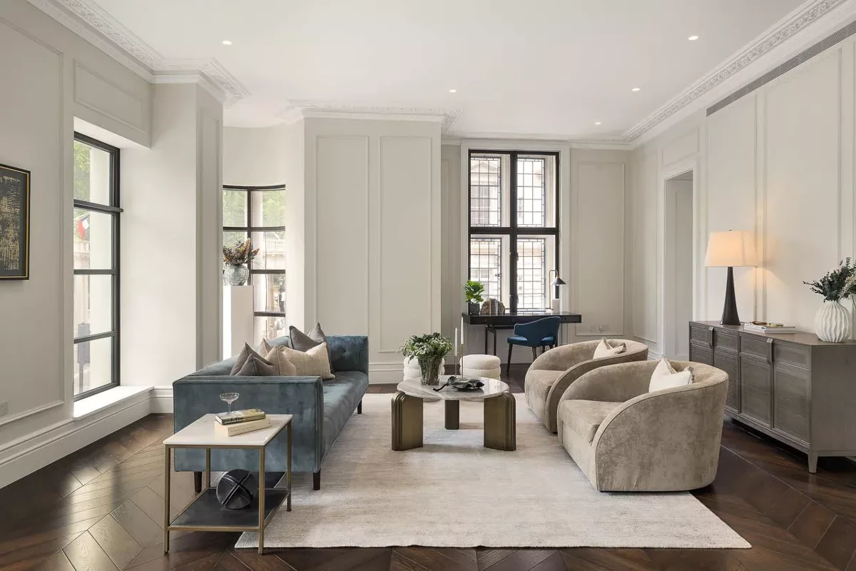 Knightsbridge Gate London Reception Room High Ceilings Herringbone Floor