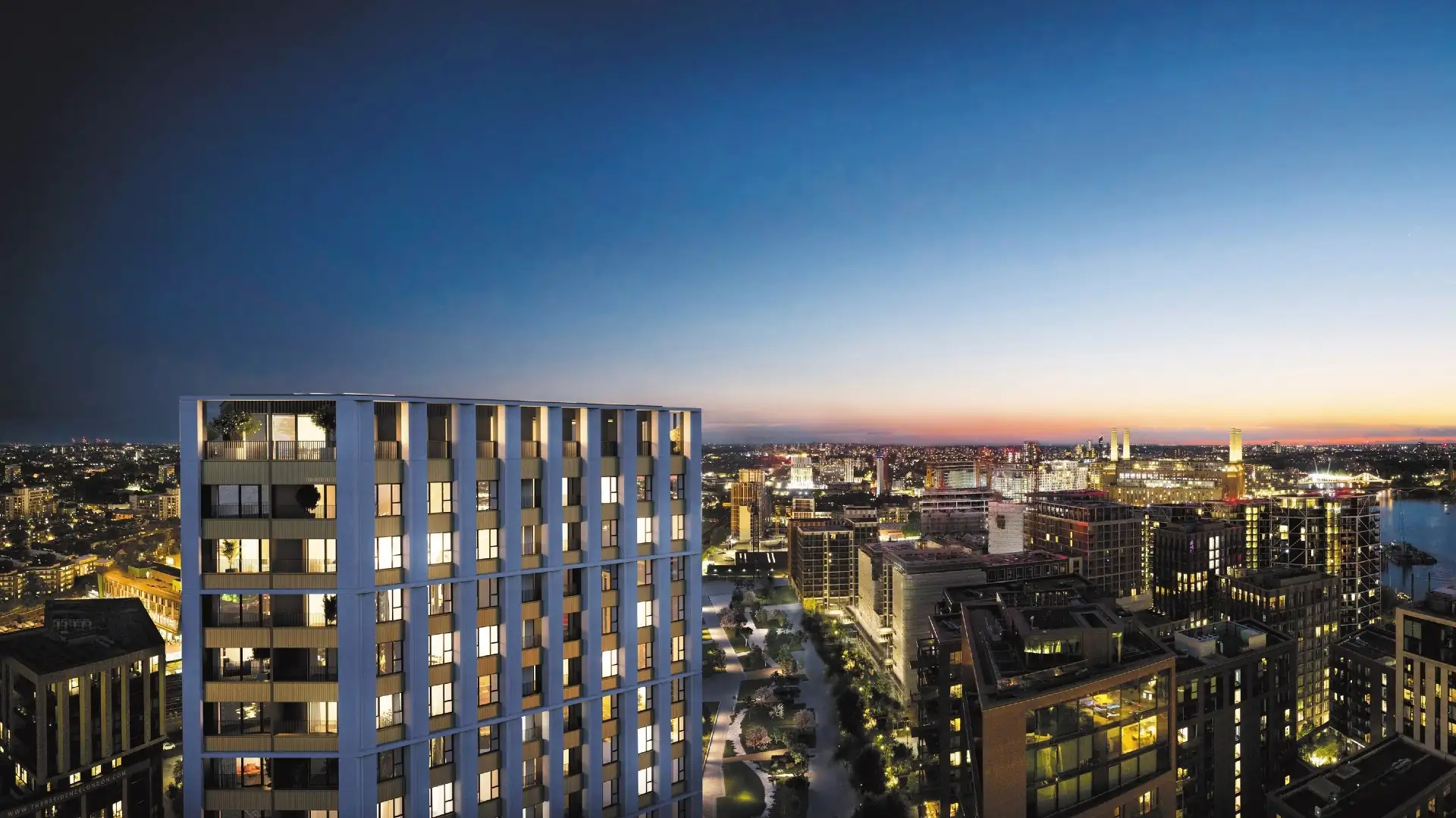 London Square Nine Elms Aerial View Night Cityscape