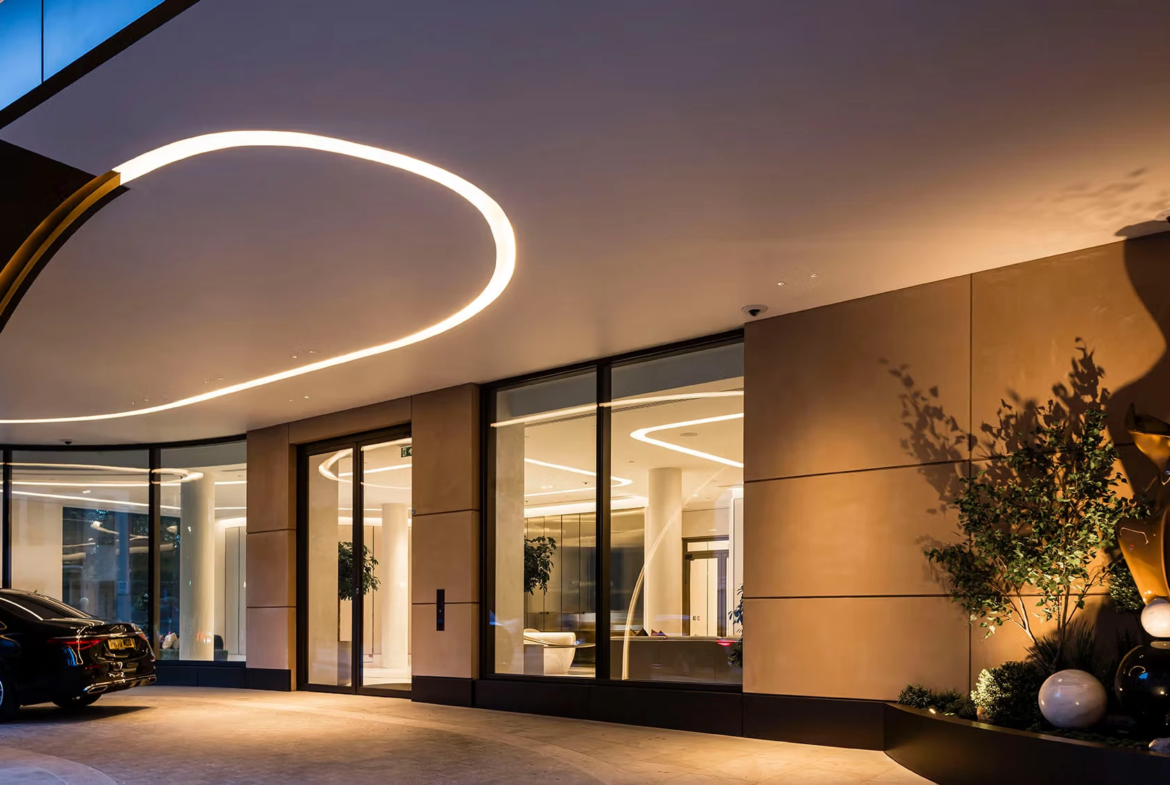 Park Modern Covered Entrance Canopy Evening Exterior London W2