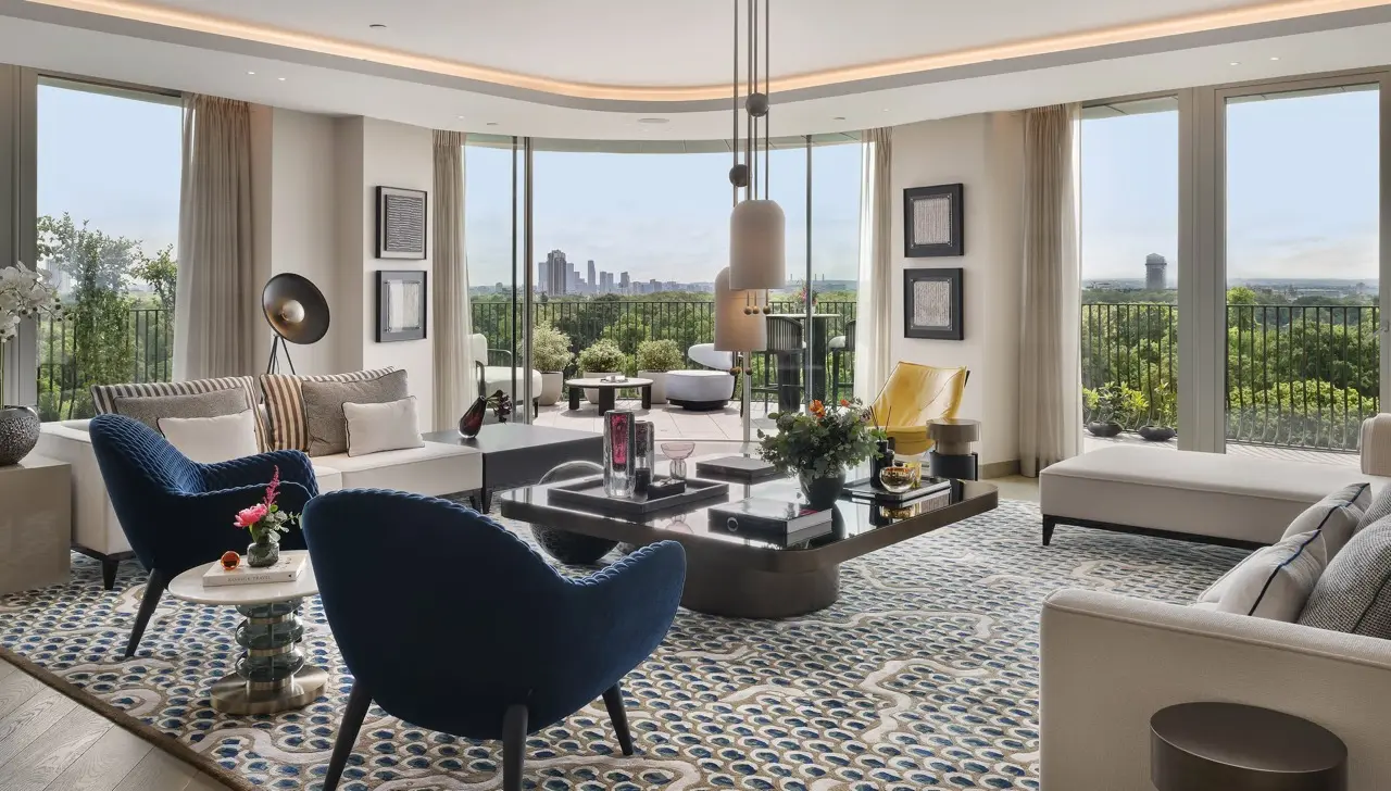 Park Modern Lateral Apartment Reception Room Panoramic London Skyline Hyde Park