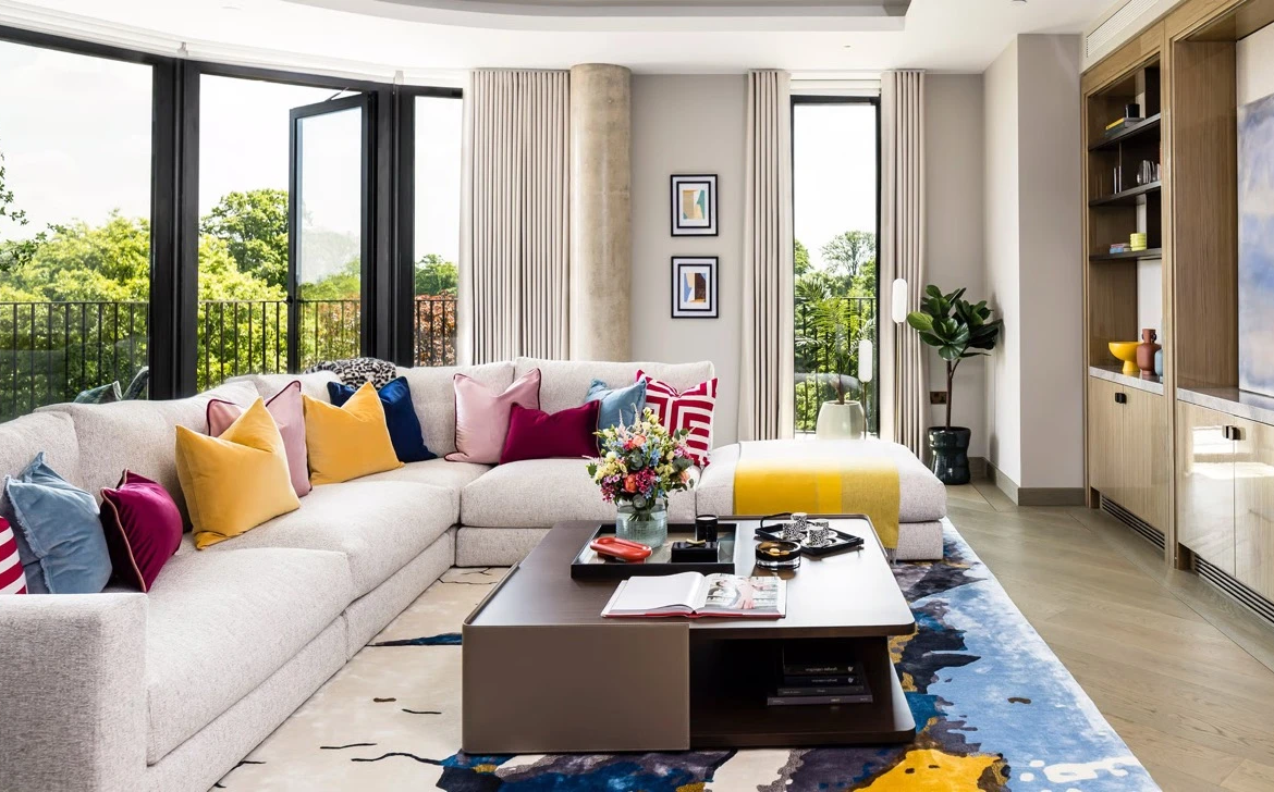 Park Modern Living Room Colorful Cushions Floor To Ceiling Windows