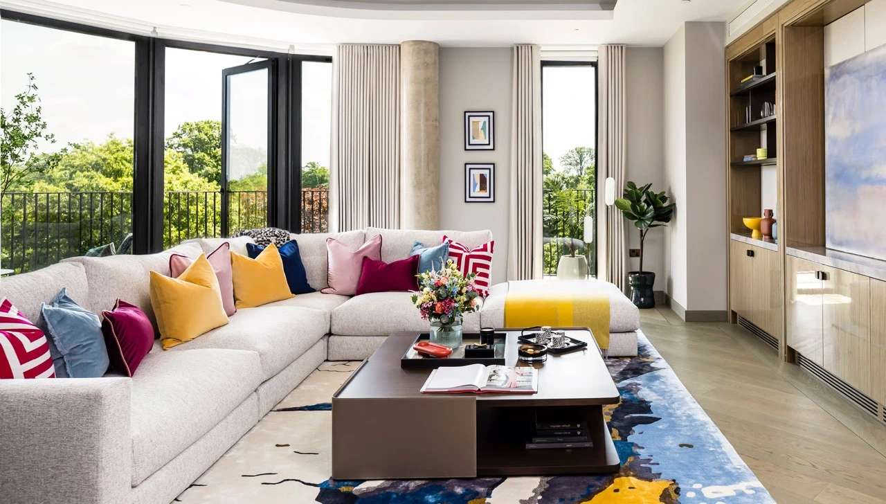 Park Modern Living Room Colorful Cushions Floor To Ceiling Windows
