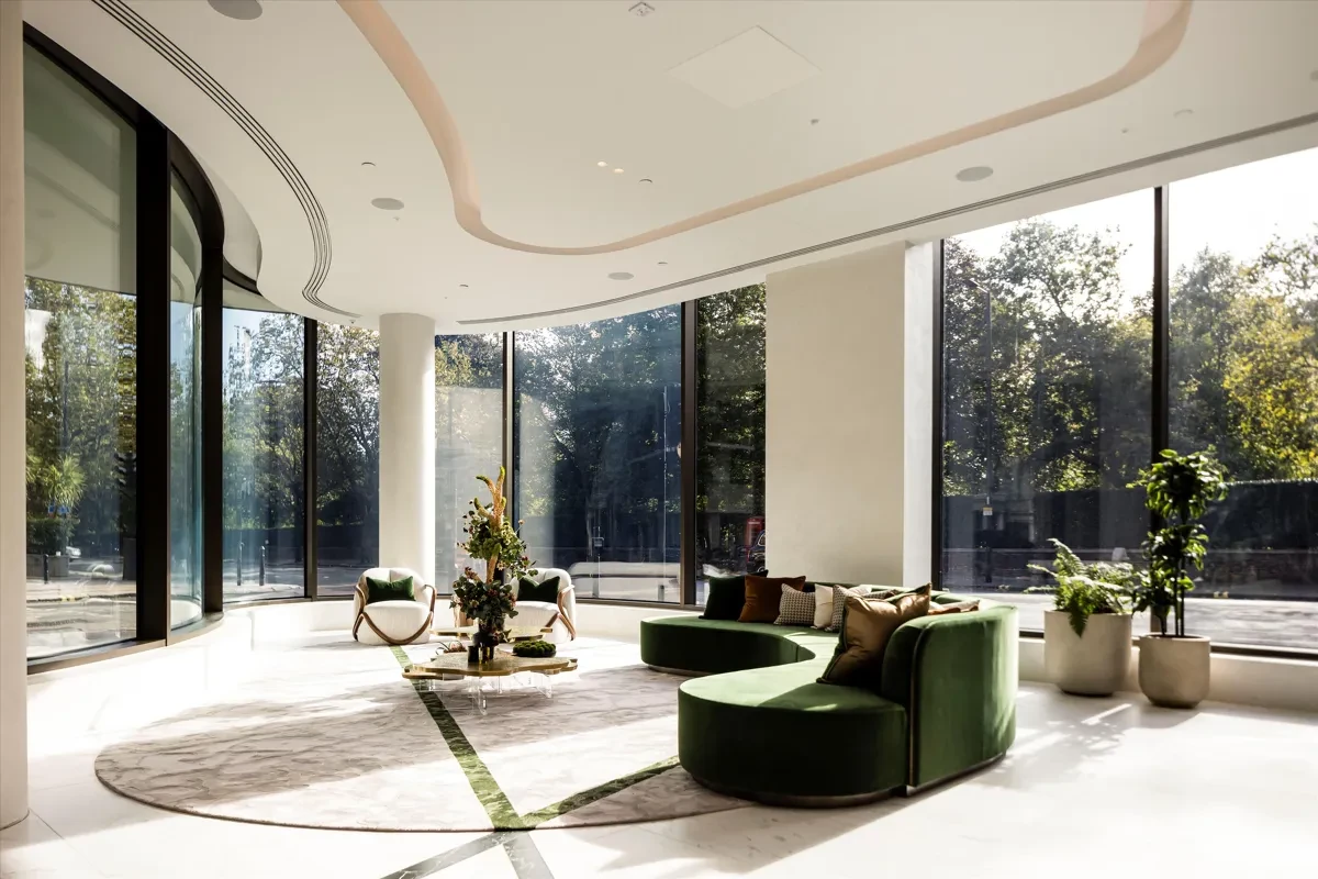 Park Modern London W2 Residents Lobby Curved Glass Seating Area