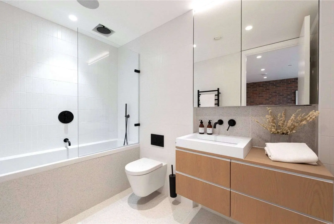 Parkhaus Hackney Downs E5 Bathroom Bath Shower Terrazzo Floor Black Fittings