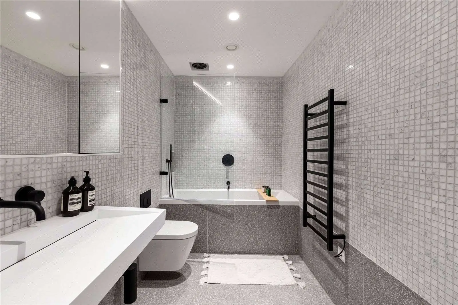 Parkhaus Hackney Downs E5 Bathroom Mosaic Tiles Bath Overhead Shower Heated Towel Rail