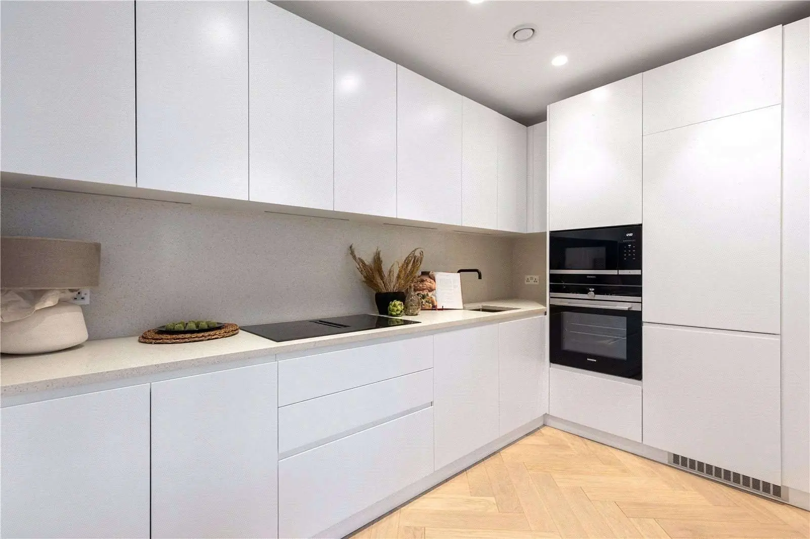 Parkhaus Hackney Downs E5 Modern White Kitchen Integrated Appliances Herringbone Floor